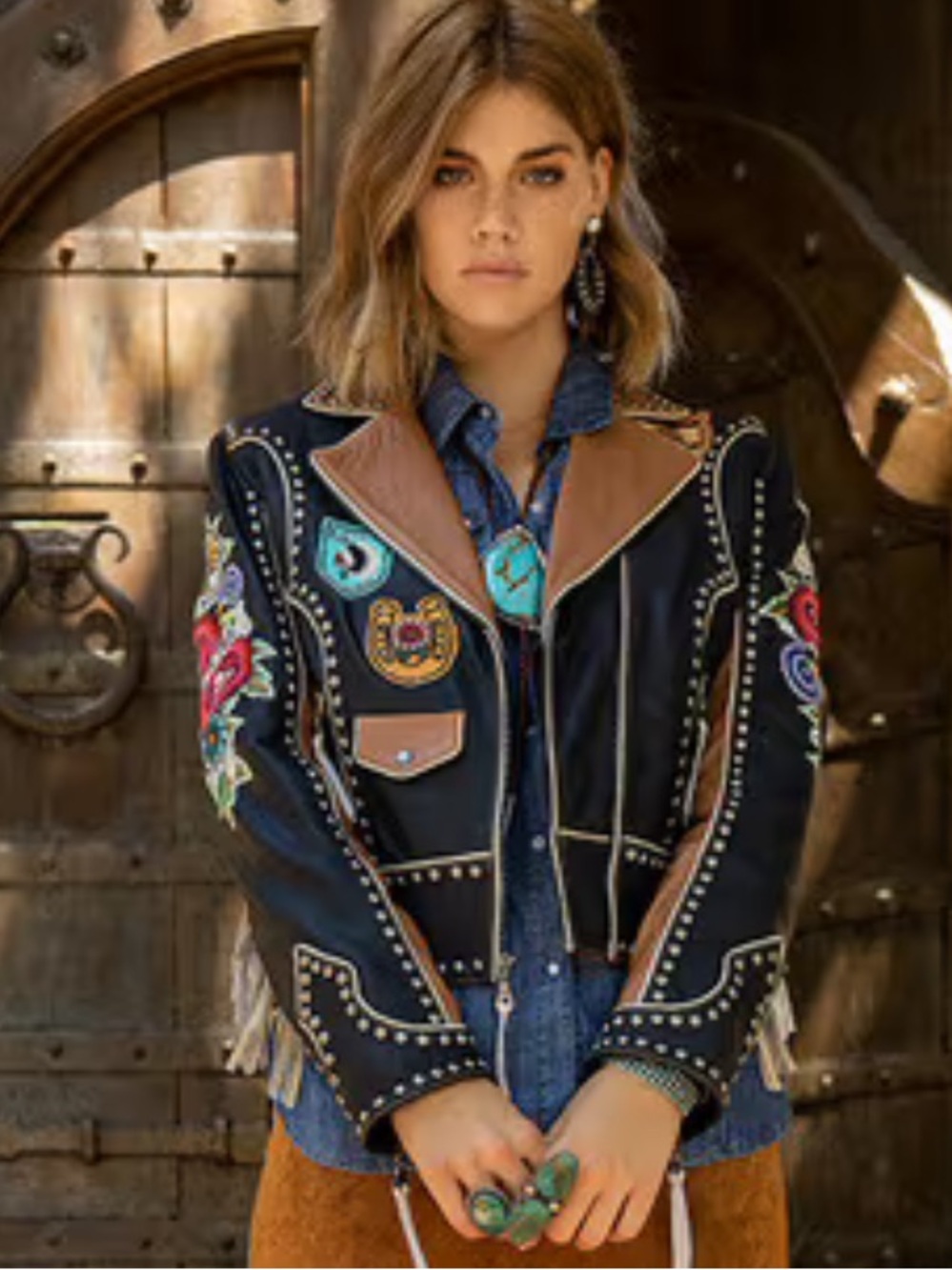 Double D Ranch Running on Empty leather biker jacket embroidered studs RTL $1395 - Picture 4 of 10